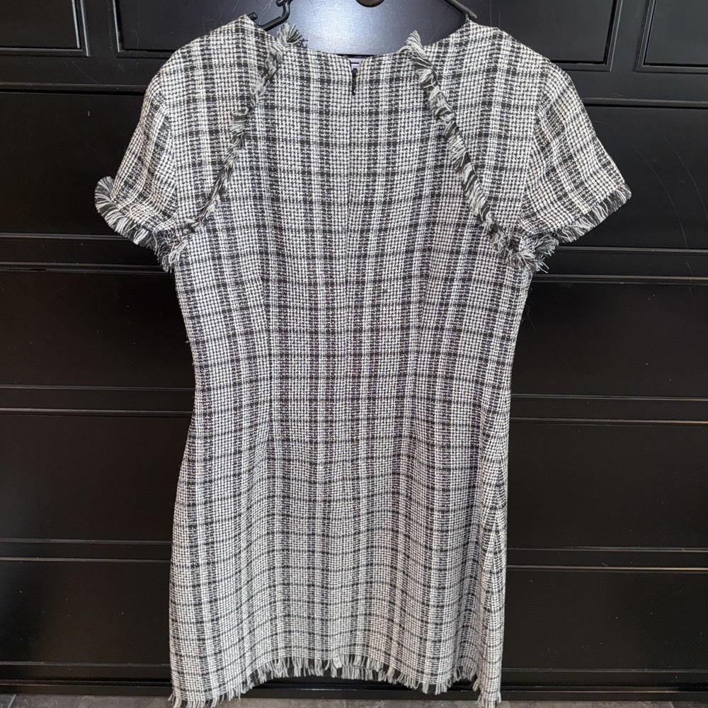ELIZA J. TWEED DRESS Lace Accent Size 4 Black White Checked Women's Fringe Hem - Picture 7 of 10